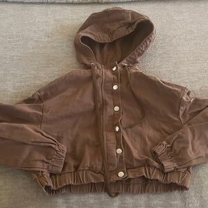 Brown Cropped Hoodie with Button Front